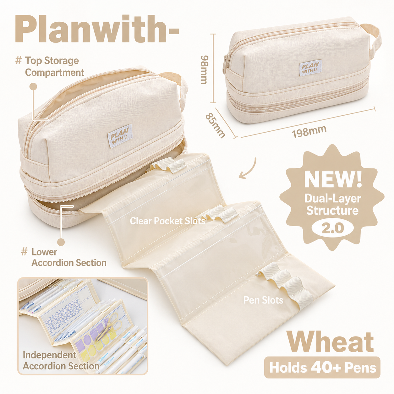 Planwith Expansion 2.0 Accordion Pull-Out Pencil Pouch | Large Capacity Dual-Layer Pen Case