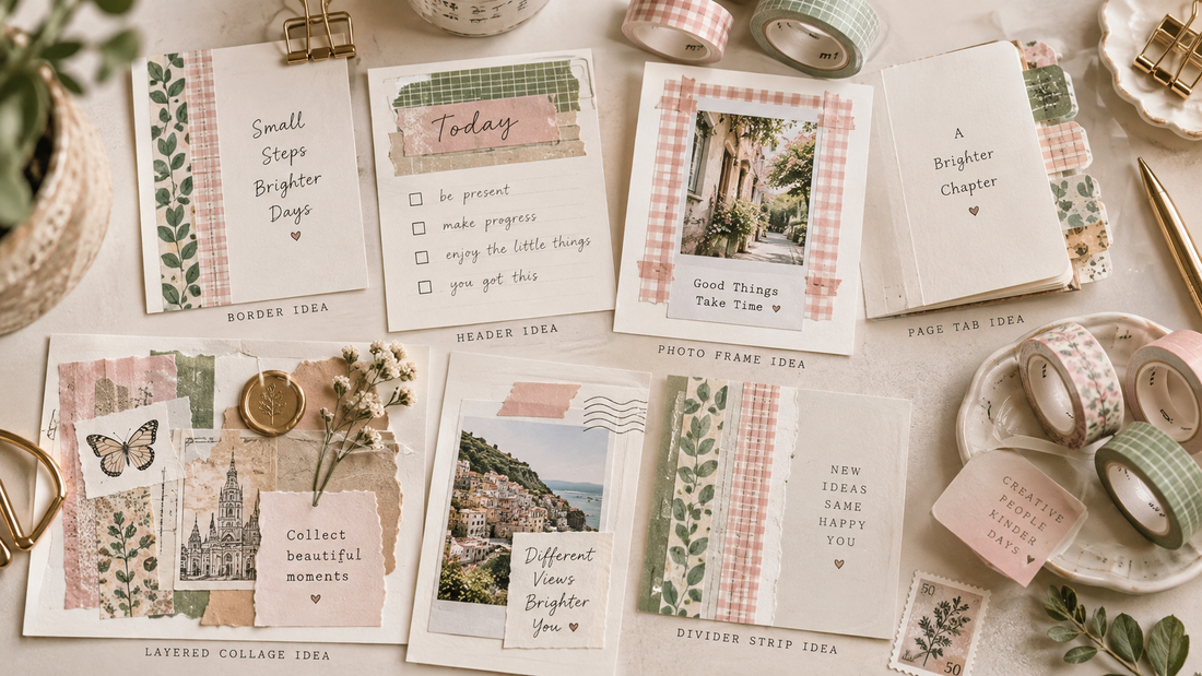 Washi tape journal ideas with borders, tabs and layered decorations