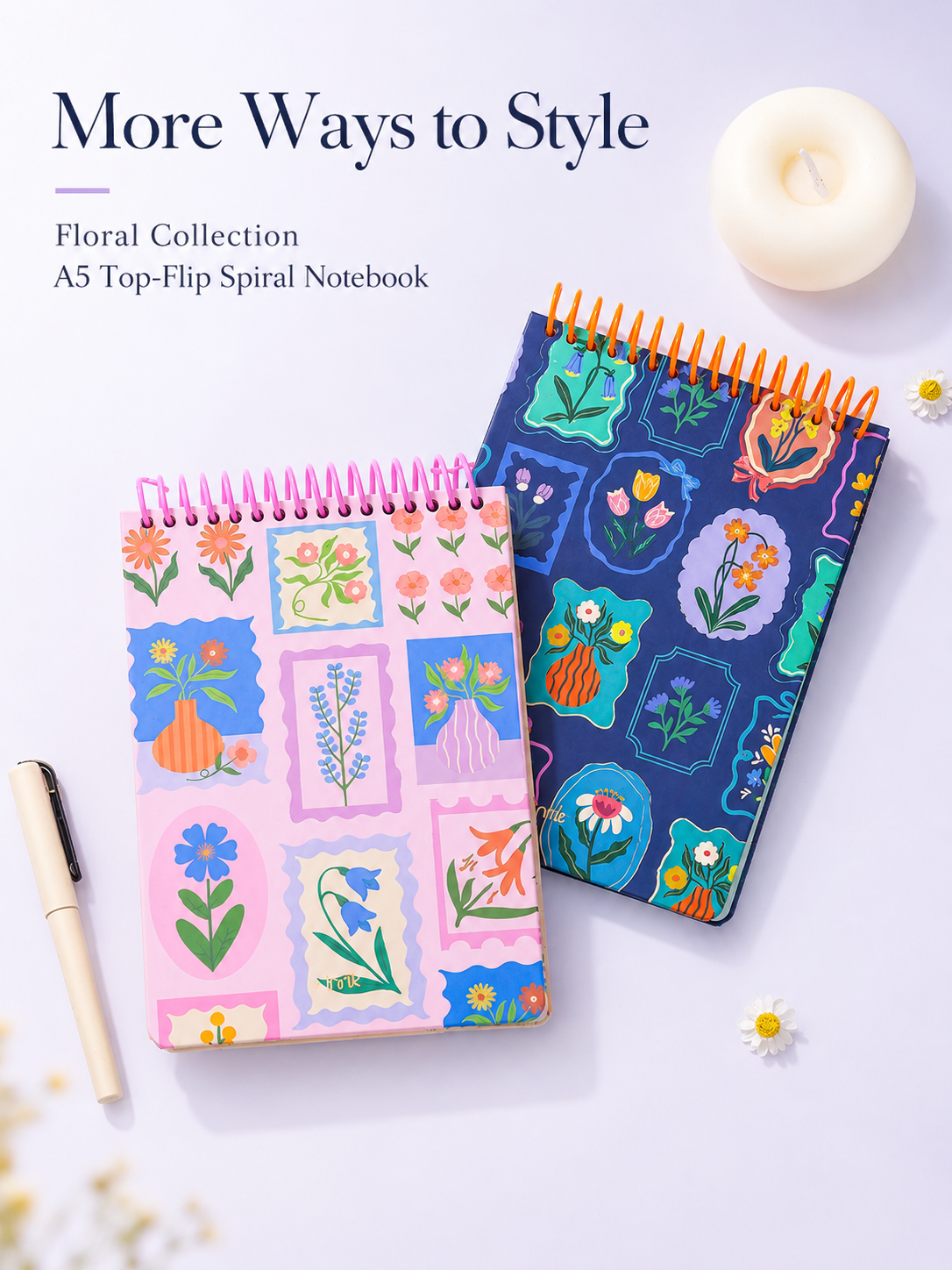 "Pastoral Florals" A5 Top-Flip Spiral Notebook by inrik - color option view for journaling notebook | Lumiyear