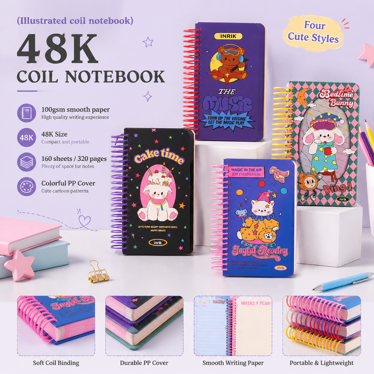 Illustrated 48K Spiral Notebook | Cute Cartoon Daily Planner Journal