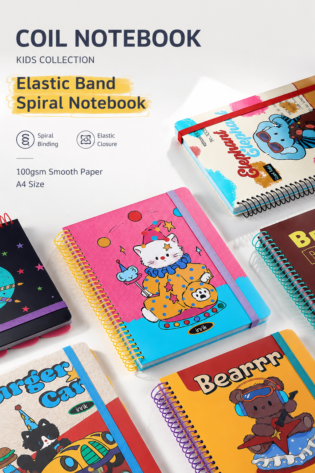 A4 Spiral Notebook with Elastic Band | Cute Retro American Cartoon Journal