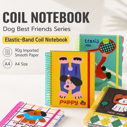 A4 Spiral Notebook with Elastic Band | Cute Dog Best Friends Journal