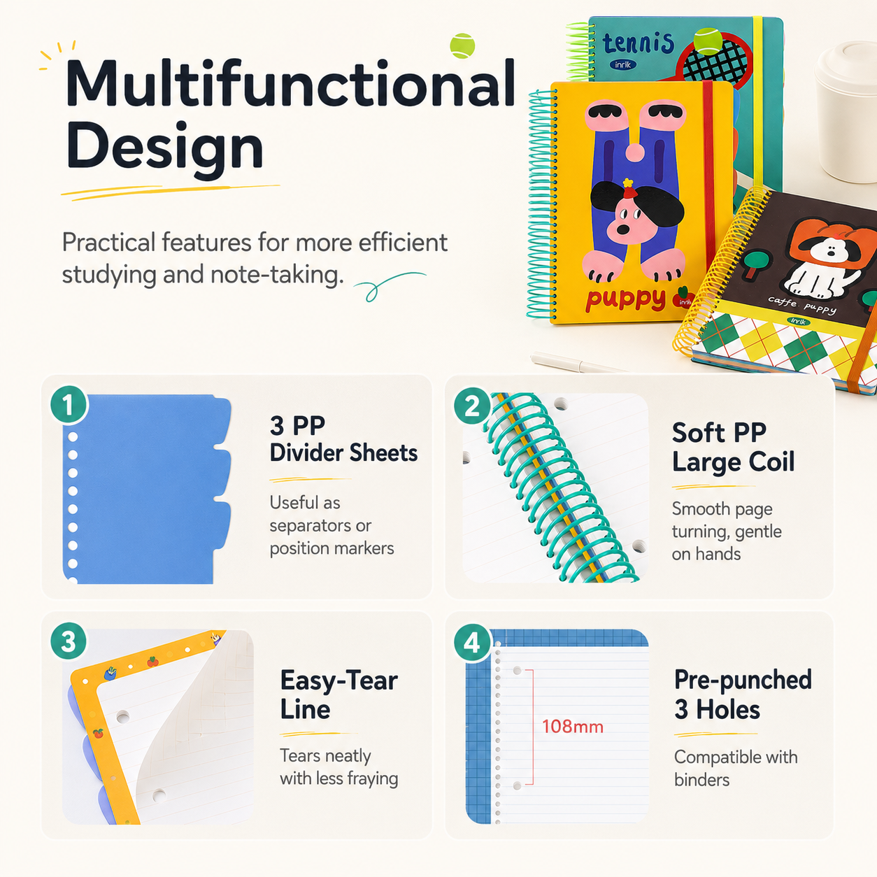 A4 Spiral Notebook with Elastic Band | Cute Dog Best Friends Journal