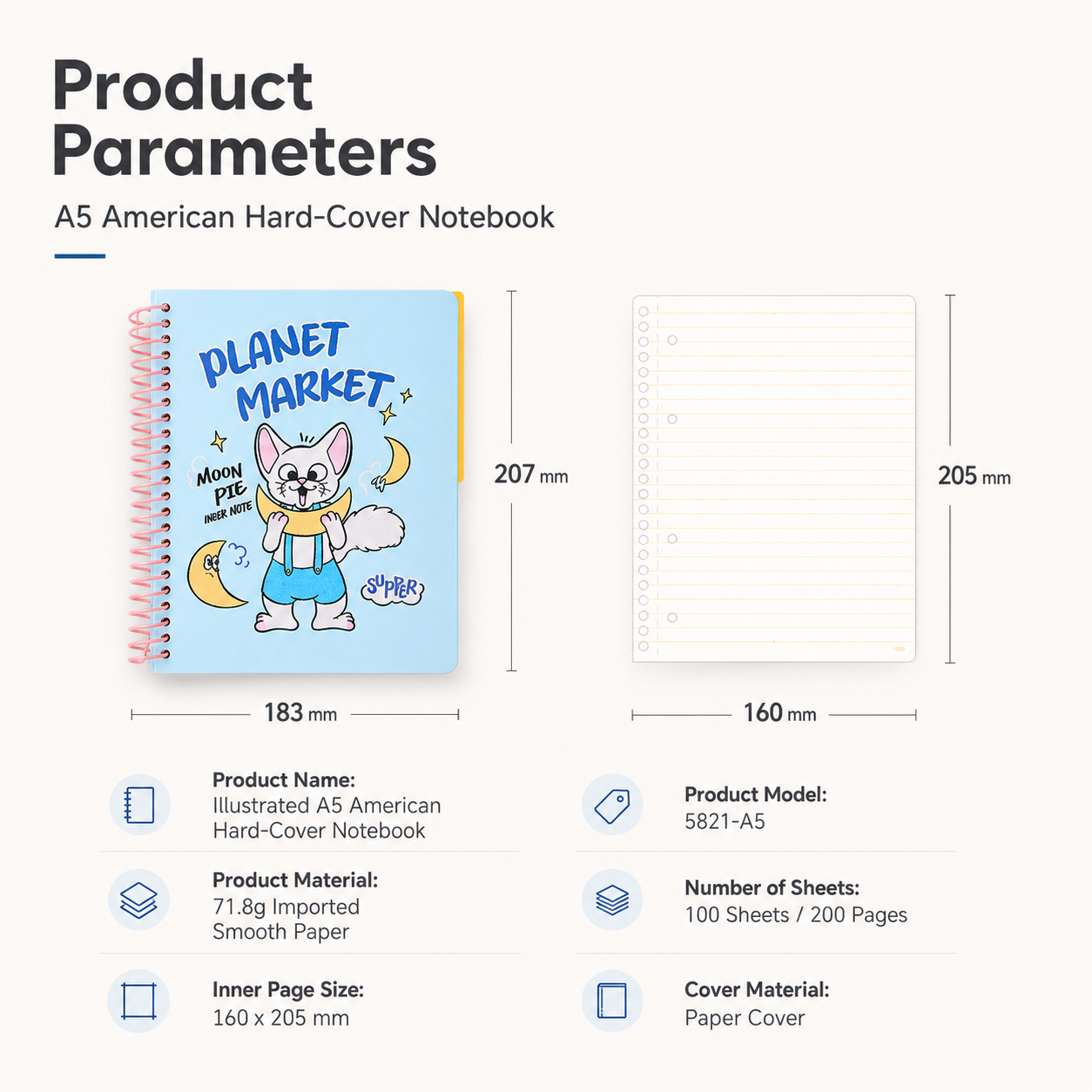 A5 Spiral Notebook with Perforated Pages | Cute Retro American Cartoon Journal