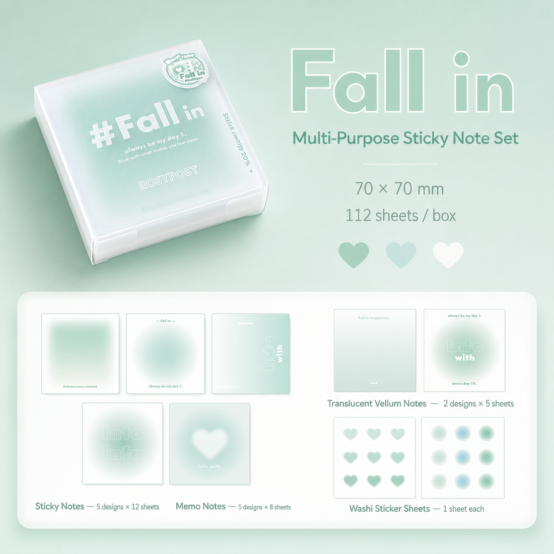 ROSYPOSY Aesthetic Pastel Sticky Note Set with PP Storage by ROSYPOSY - packaging view for aesthetic stationery | Lumiyear