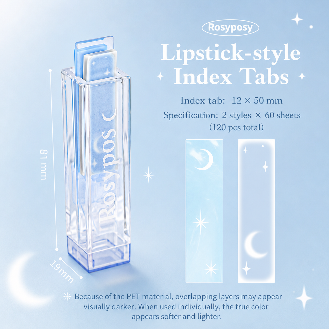 ROSYPOSY Lip Gloss Style Translucent PET Index Tabs Set by ROSYPOSY - packaging view for aesthetic stationery | Lumiyear