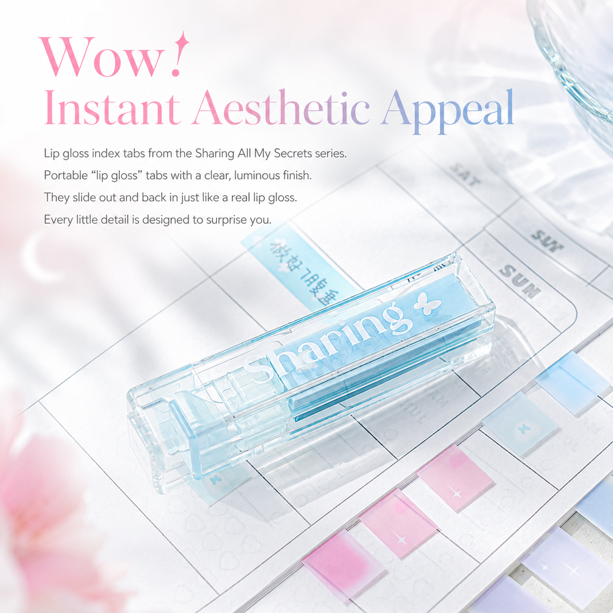 ROSYPOSY Lip Gloss Style Translucent PET Index Tabs Set by ROSYPOSY - color option view for aesthetic stationery | Lumiyear