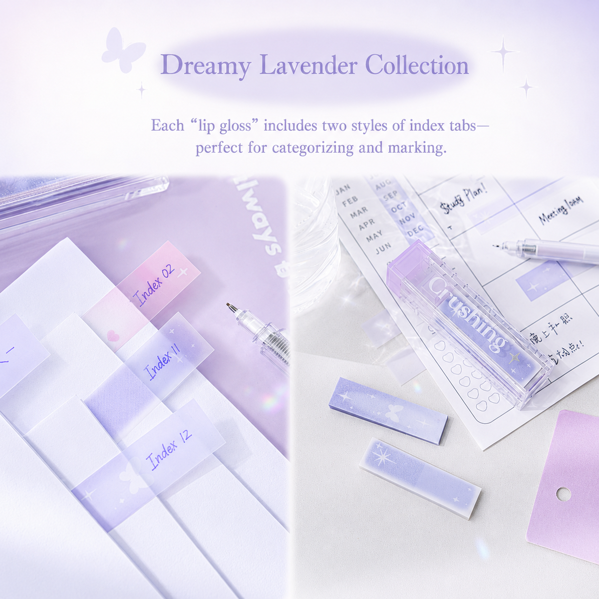 ROSYPOSY Lip Gloss Style Translucent PET Index Tabs Set by ROSYPOSY - color option view for aesthetic stationery | Lumiyear