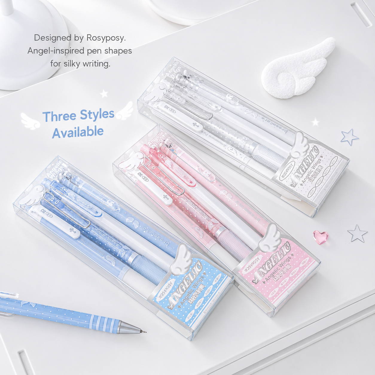 ROSYPOSY Angelic Wings Pearlescent Gel Pen Set | Silent Erasable Low Center of Gravity