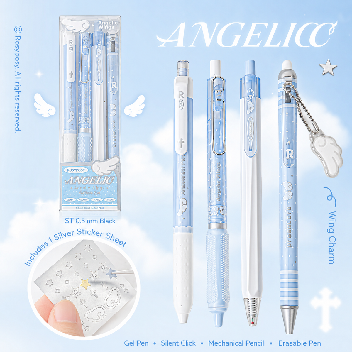 ROSYPOSY Angelic Wings Pearlescent Gel Pen Set | Silent Erasable Low Center of Gravity