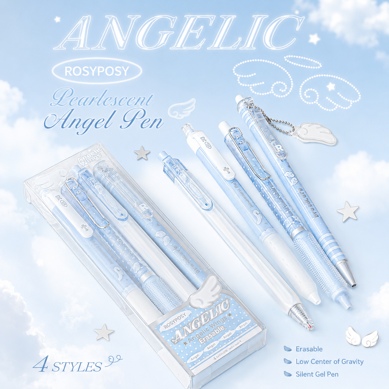 ROSYPOSY Angelic Wings Pearlescent Gel Pen Set | Silent Erasable Low Center of Gravity