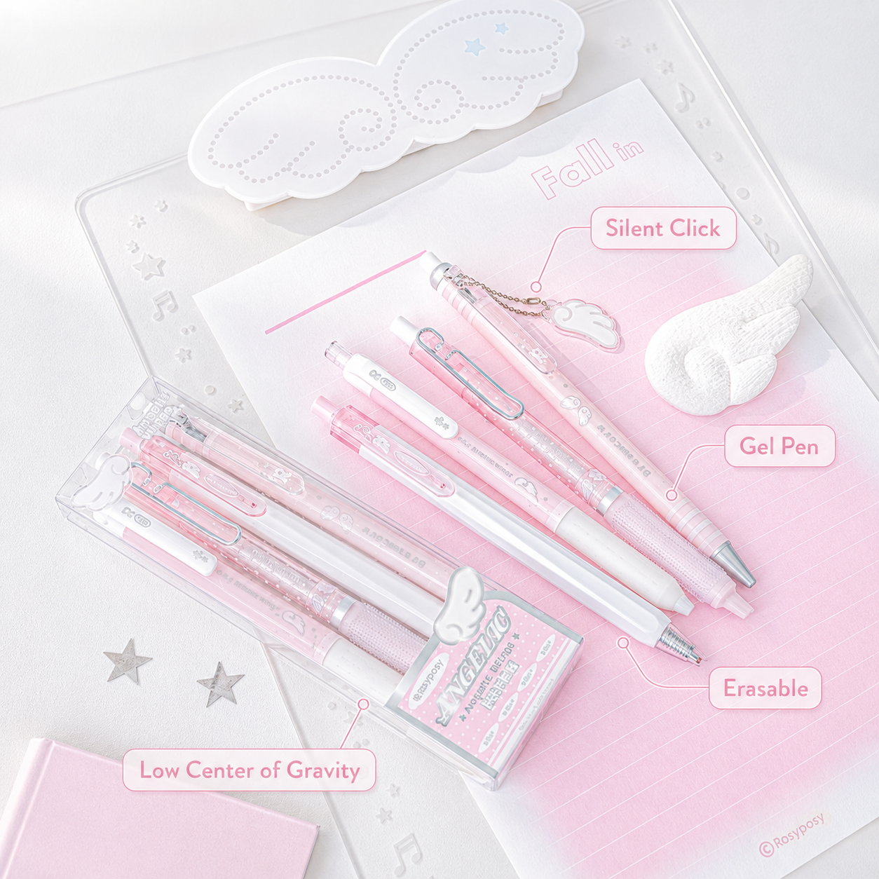 ROSYPOSY Angelic Wings Pearlescent Gel Pen Set | Silent Erasable Low Center of Gravity