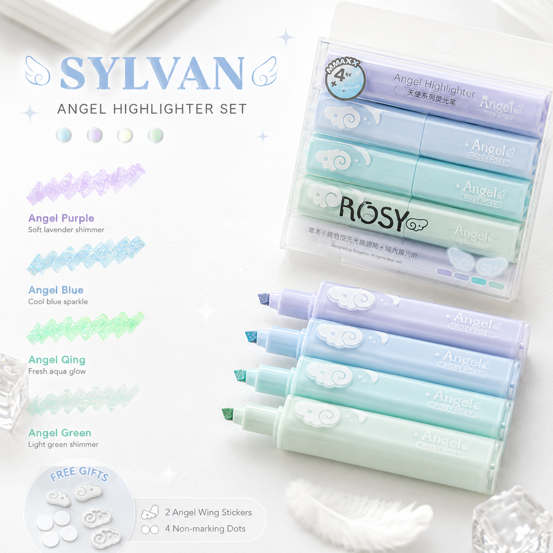 ROSYPOSY Angelic Shimmer Pastel Highlighter Set by ROSYPOSY - color option view for journaling writing tool | Lumiyear