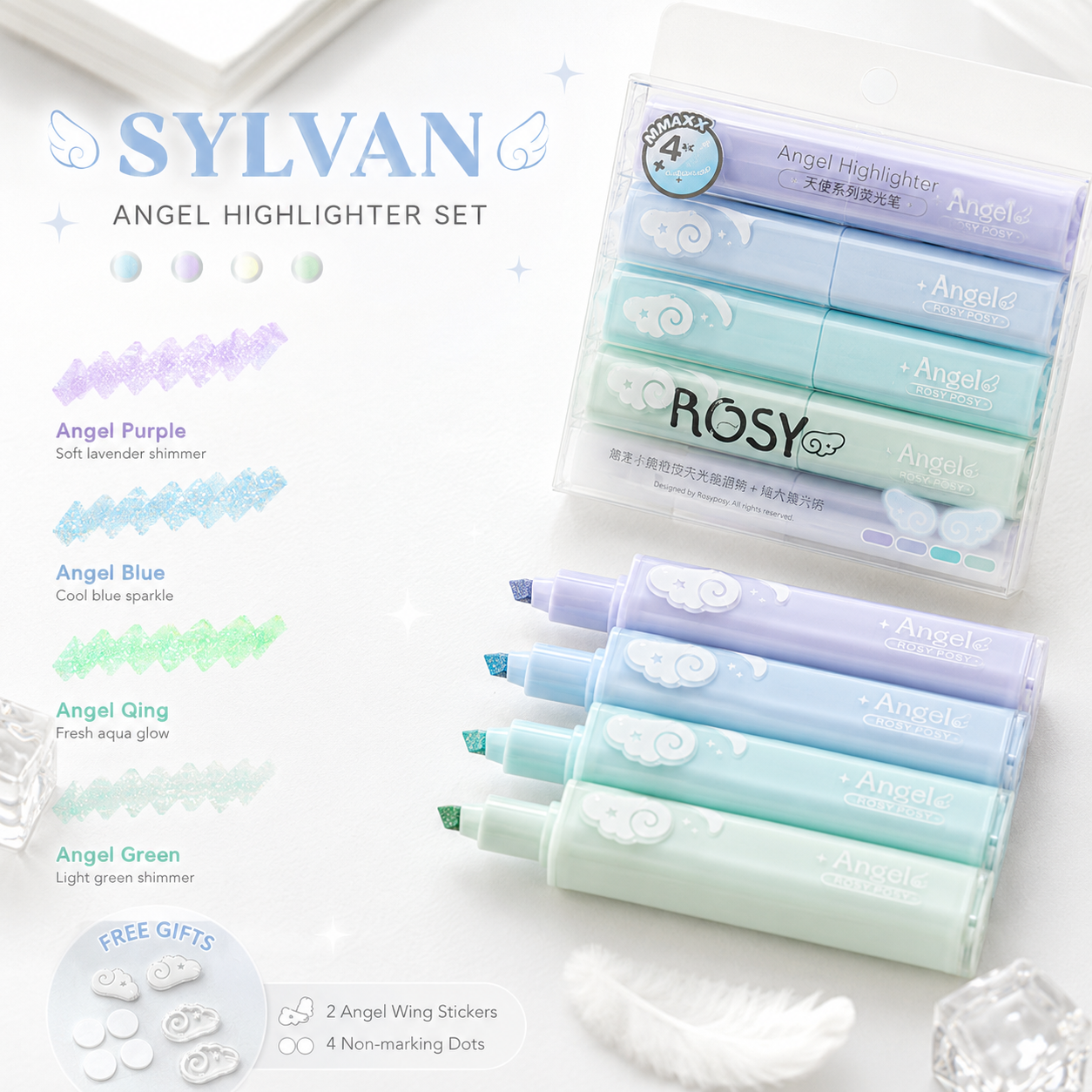 ROSYPOSY Angelic Shimmer Pastel Highlighter Set | Glitter 4-Piece Marker Kit