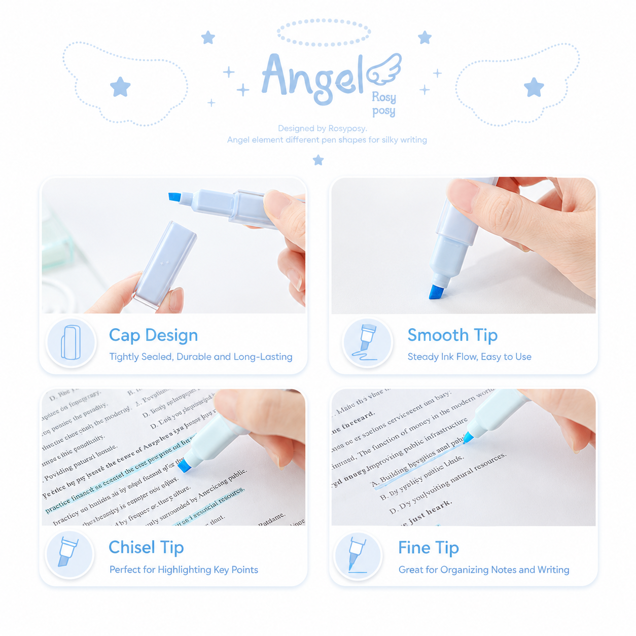 ROSYPOSY Angelic Shimmer Pastel Highlighter Set | Glitter 4-Piece Marker Kit