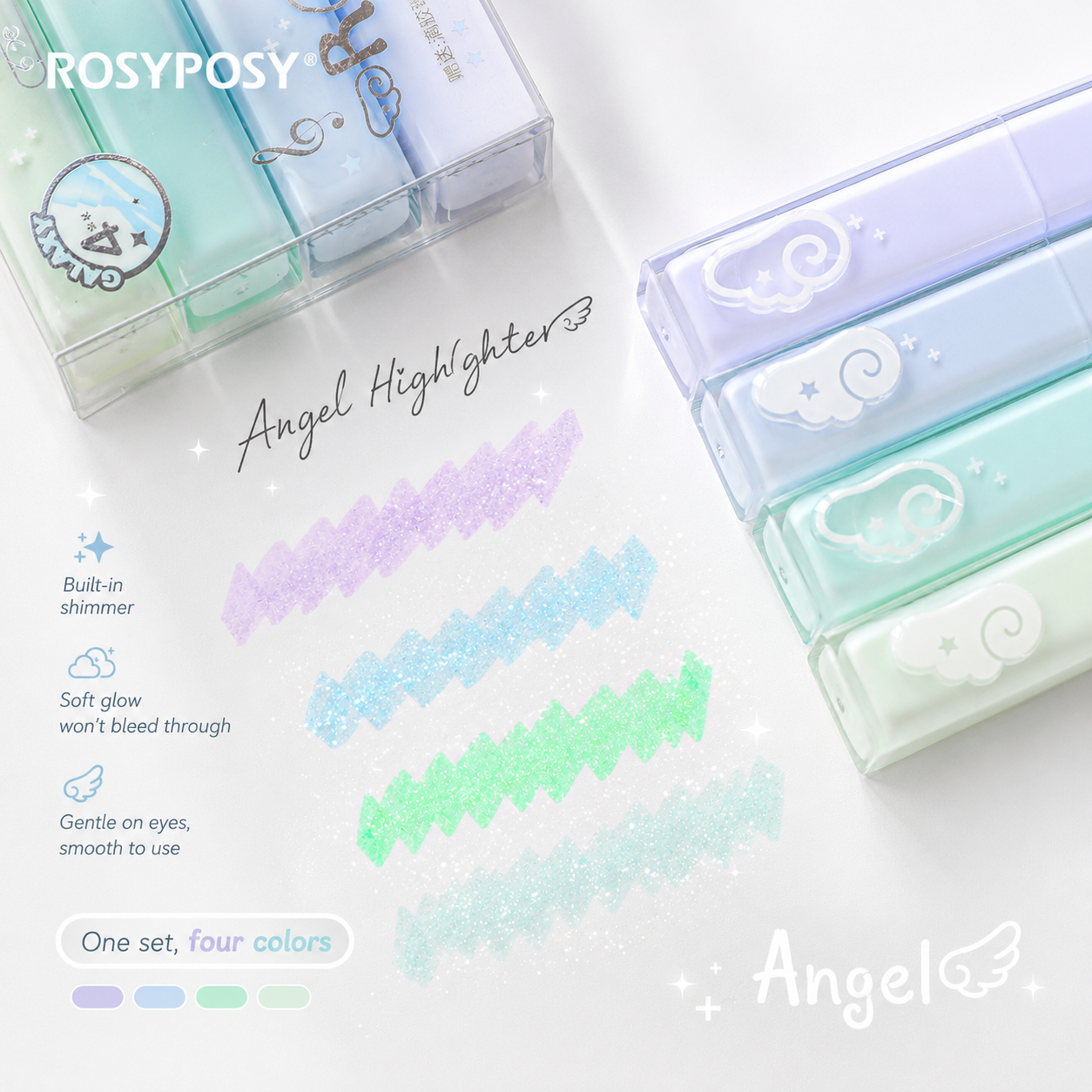 ROSYPOSY Angelic Shimmer Pastel Highlighter Set | Glitter 4-Piece Marker Kit