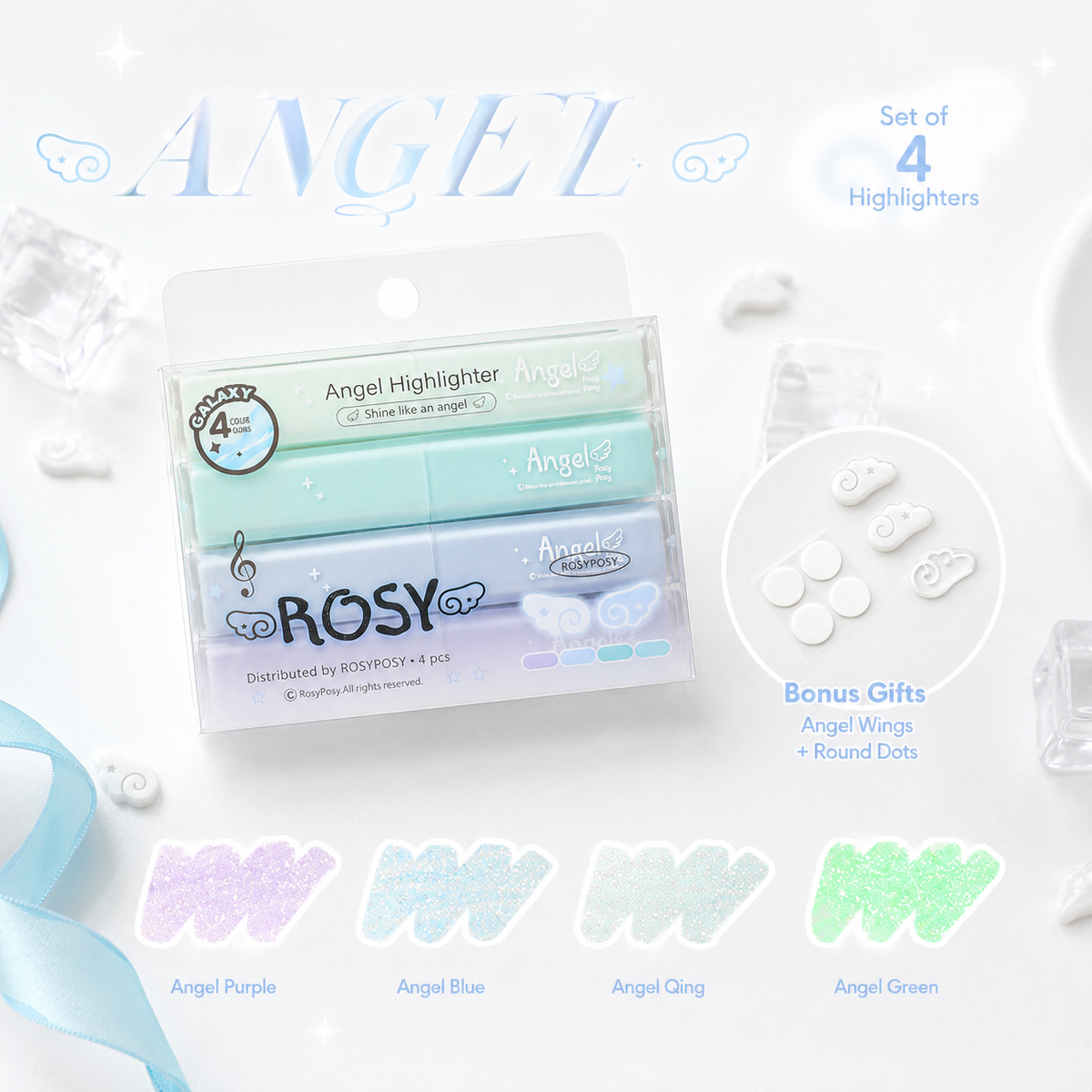 ROSYPOSY Angelic Shimmer Pastel Highlighter Set by ROSYPOSY - color option view for journaling writing tool | Lumiyear