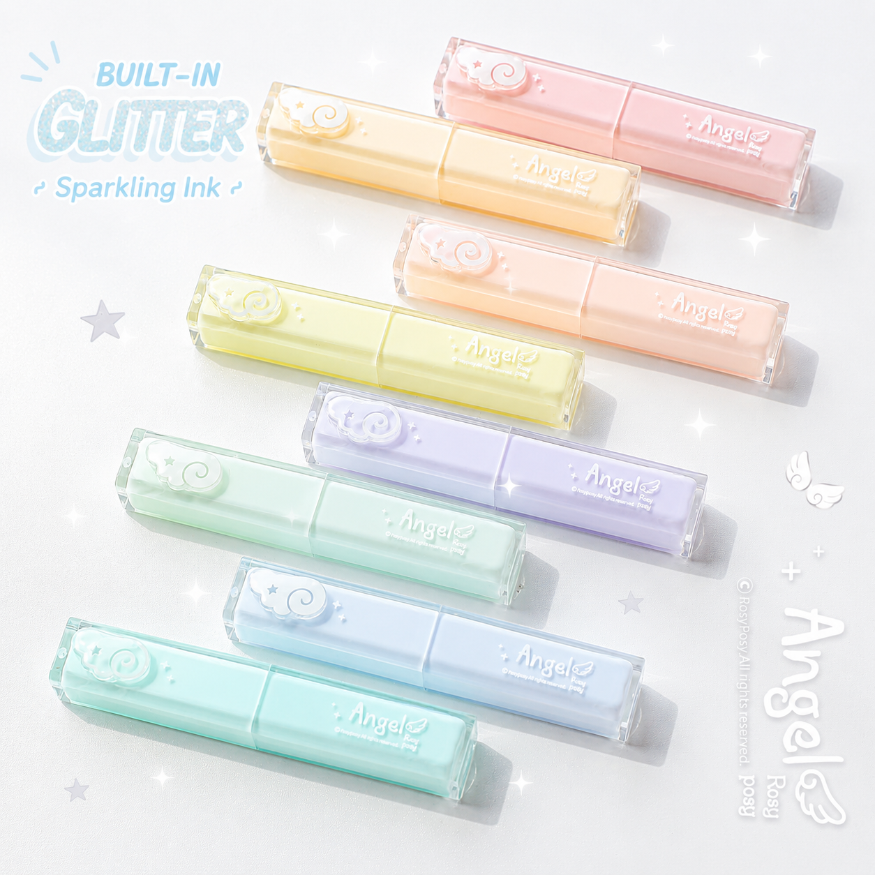 ROSYPOSY Angelic Shimmer Pastel Highlighter Set | Glitter 4-Piece Marker Kit
