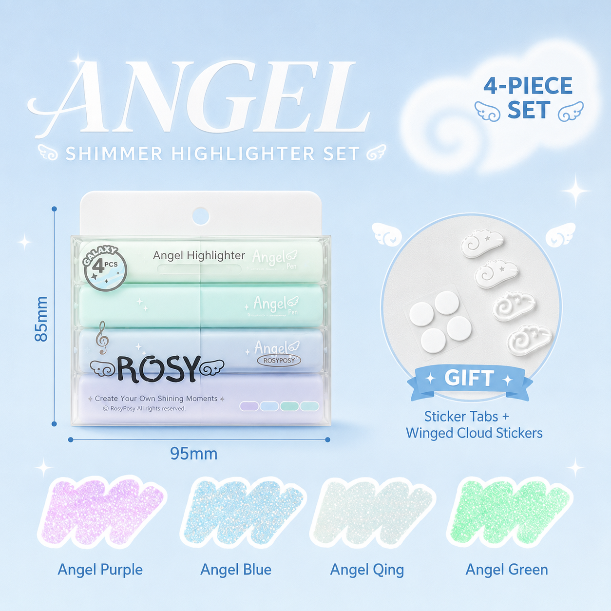 ROSYPOSY Angelic Shimmer Pastel Highlighter Set | Glitter 4-Piece Marker Kit