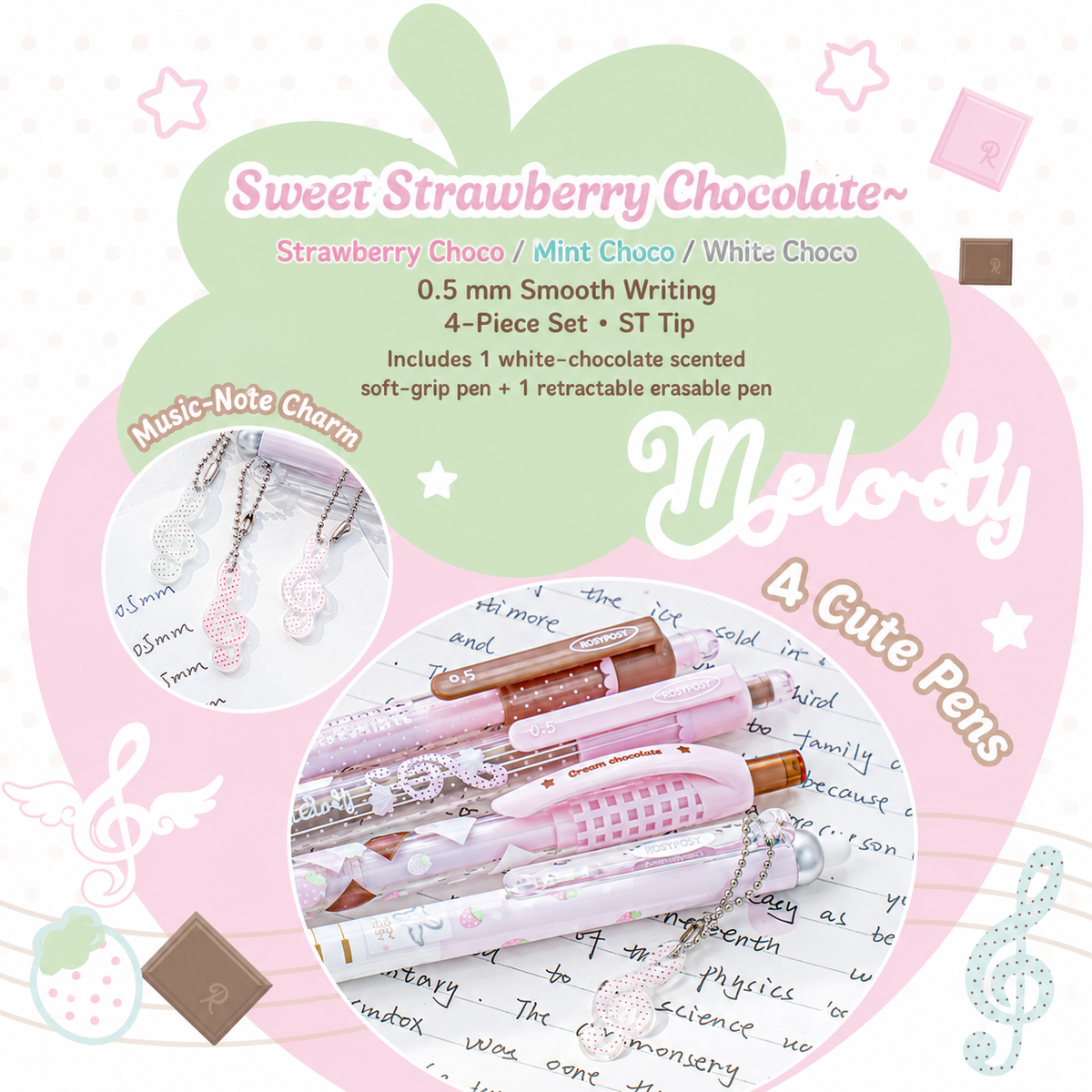 ROSYPOSY Strawberry Chocolate Melody Gel Pen Set by ROSYPOSY - color option view for journaling writing tool | Lumiyear