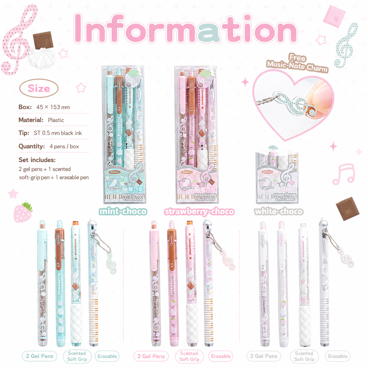 ROSYPOSY Strawberry Chocolate Melody Gel Pen Set | Scented Erasable Creative Writing Kit