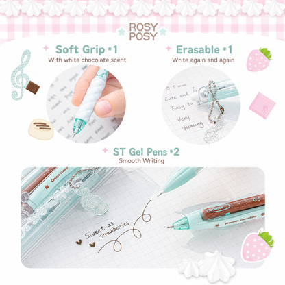 ROSYPOSY Strawberry Chocolate Melody Gel Pen Set | Scented Erasable Creative Writing Kit