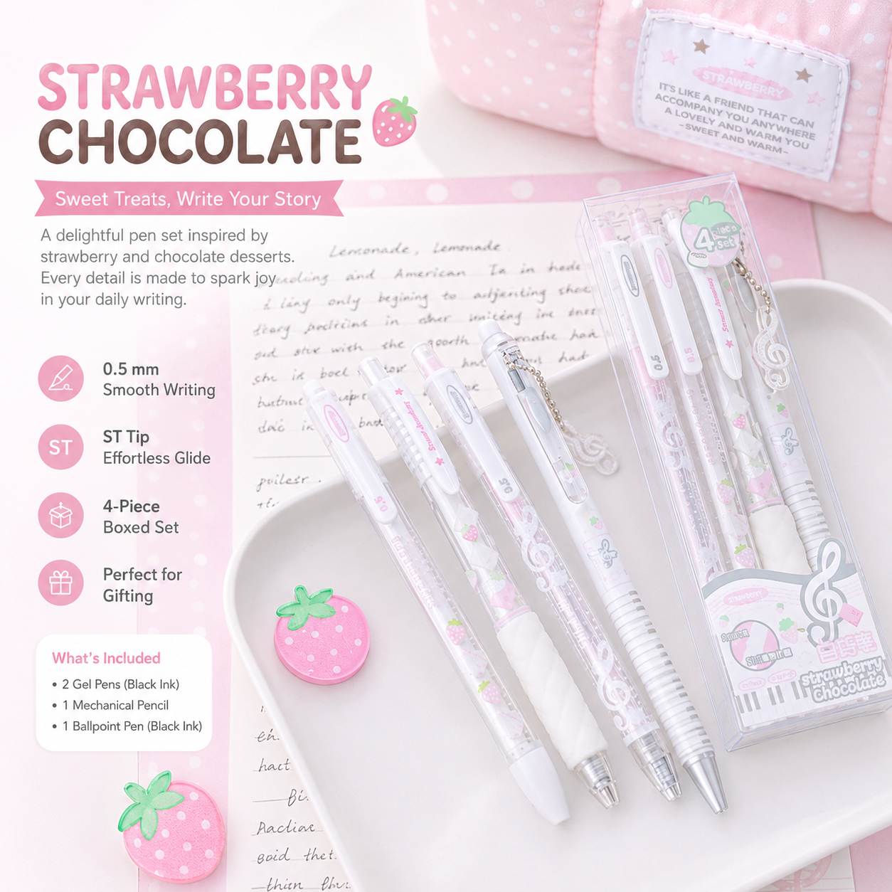 ROSYPOSY Strawberry Chocolate Melody Gel Pen Set | Scented Erasable Creative Writing Kit