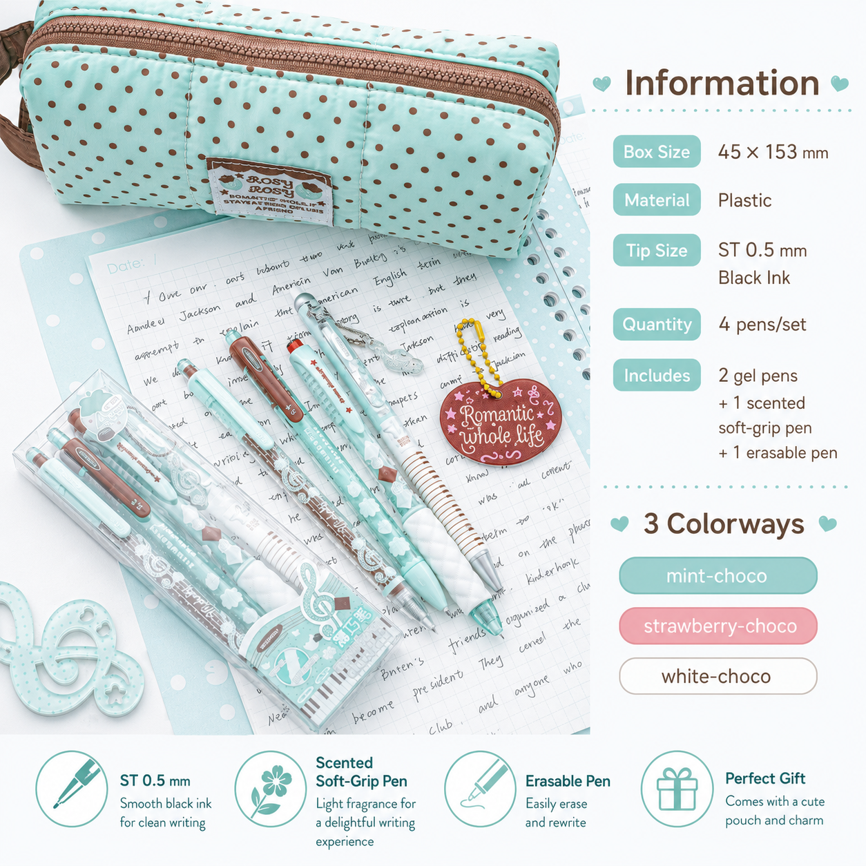 ROSYPOSY Strawberry Chocolate Melody Gel Pen Set | Scented Erasable Creative Writing Kit