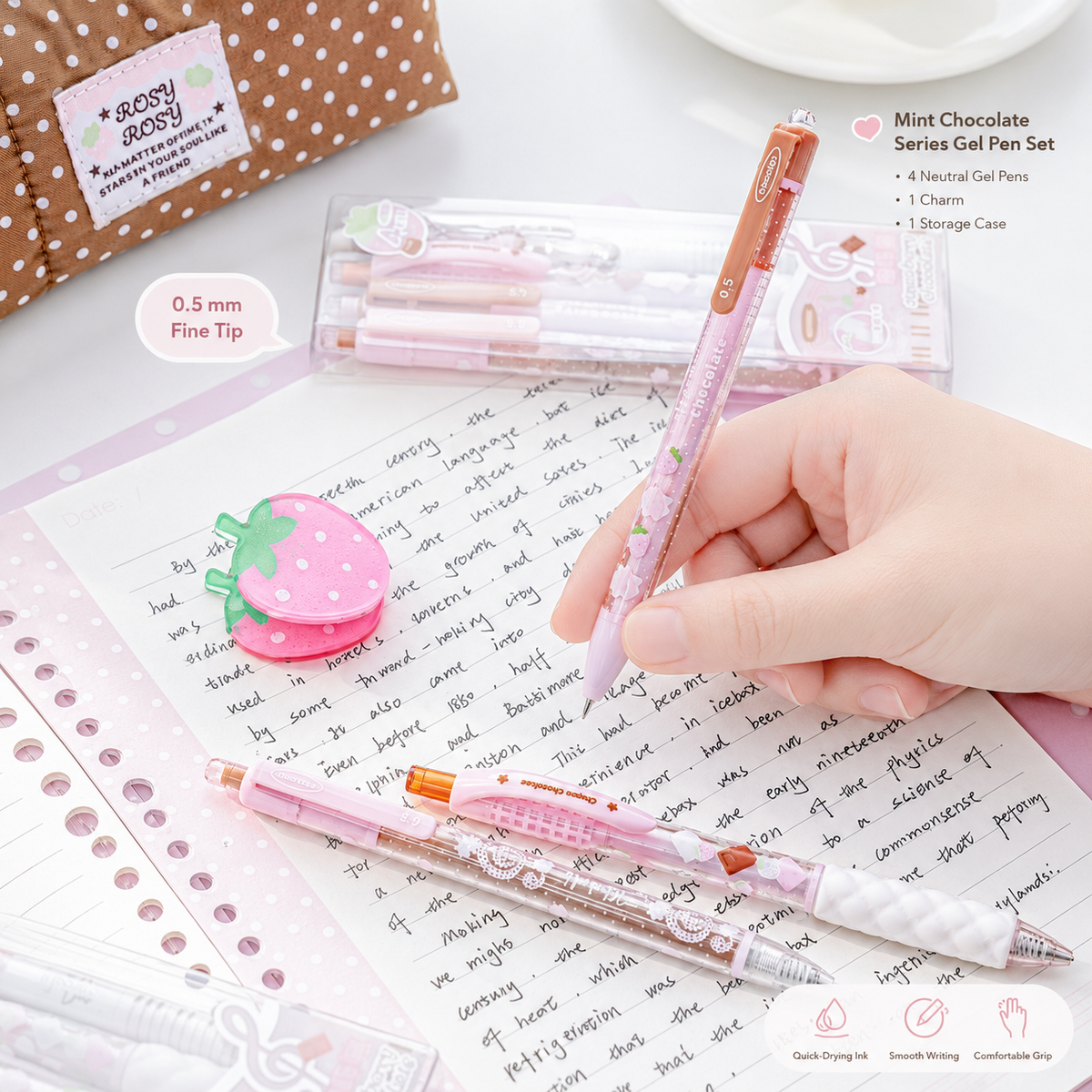 ROSYPOSY Strawberry Chocolate Melody Gel Pen Set by ROSYPOSY - color option view for journaling writing tool | Lumiyear