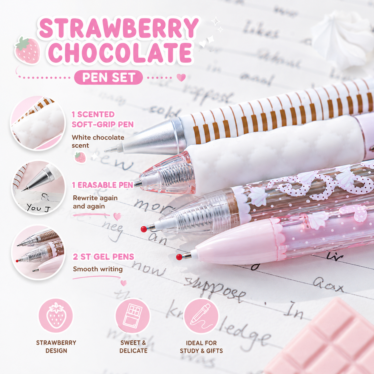 ROSYPOSY Strawberry Chocolate Melody Gel Pen Set | Scented Erasable Creative Writing Kit