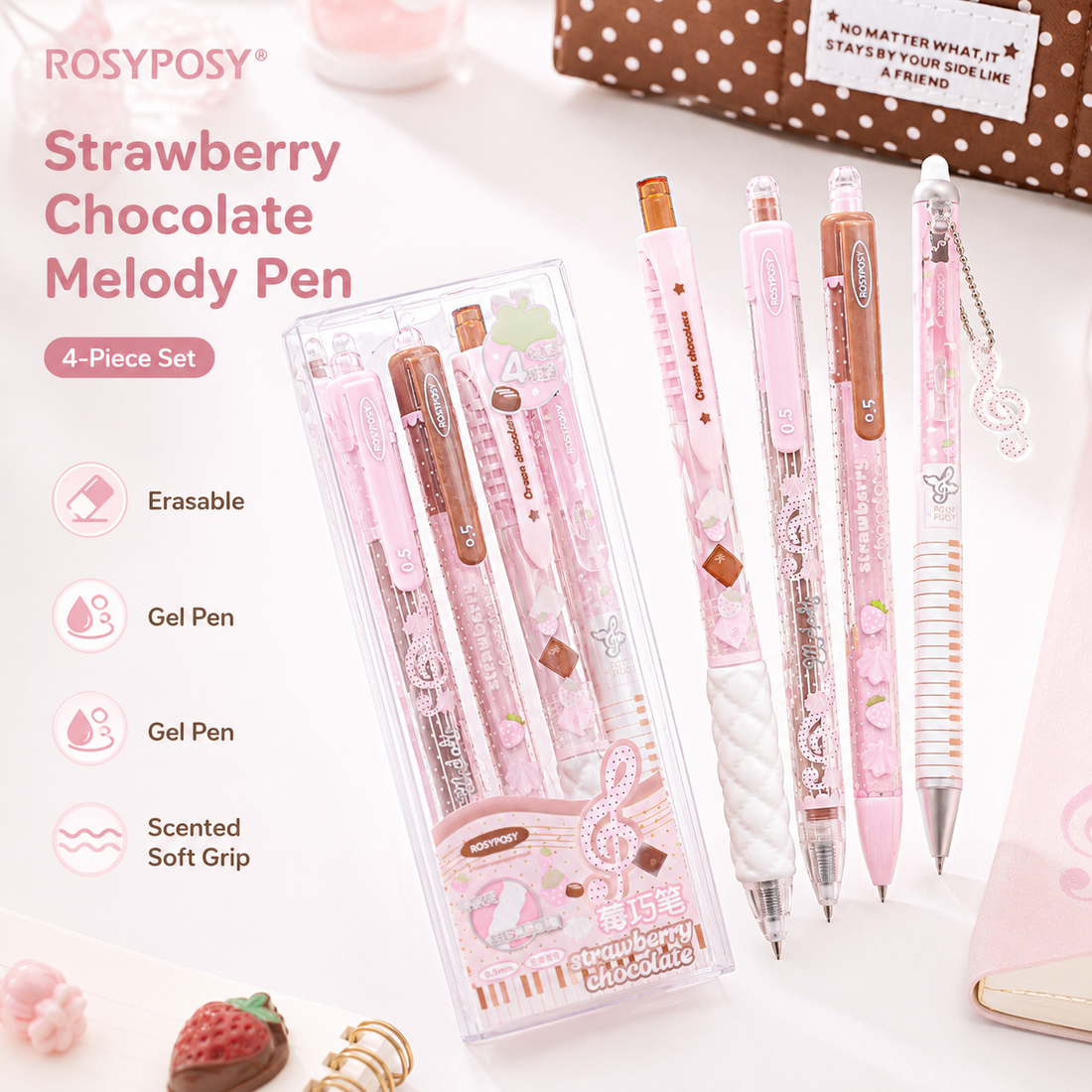 ROSYPOSY Strawberry Chocolate Melody Gel Pen Set by ROSYPOSY - color option view for journaling writing tool | Lumiyear