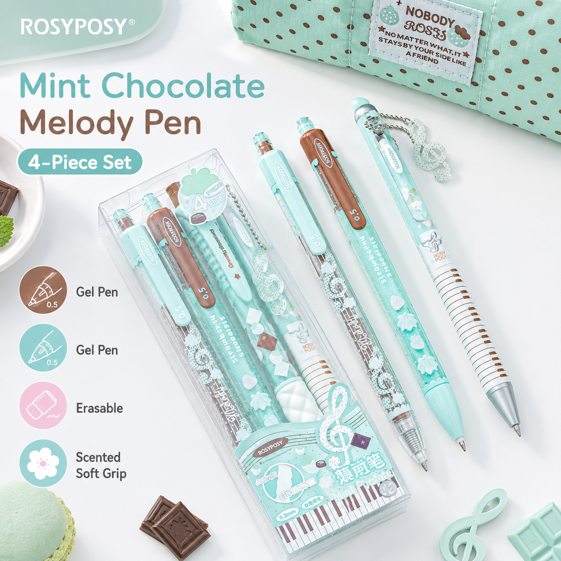 ROSYPOSY Strawberry Chocolate Melody Gel Pen Set by ROSYPOSY - main product view for journaling writing tool | Lumiyear
