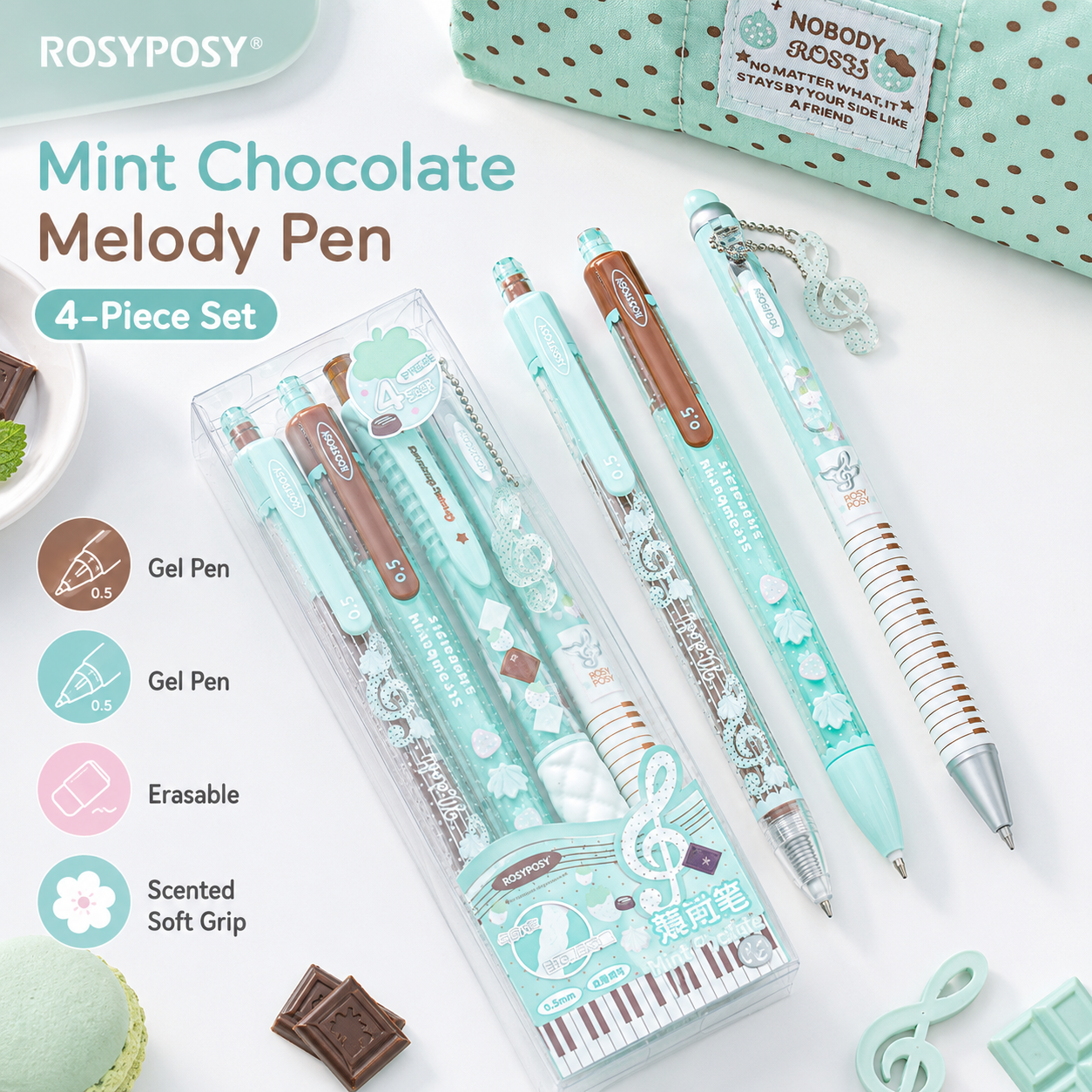 ROSYPOSY Strawberry Chocolate Melody Gel Pen Set | Scented Erasable Creative Writing Kit