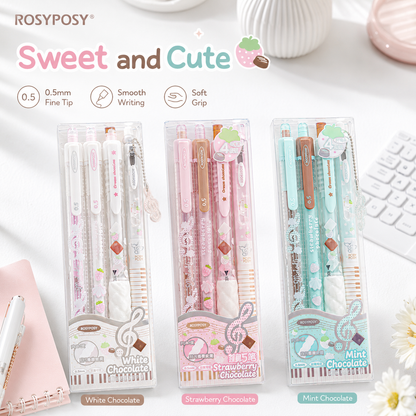 ROSYPOSY Strawberry Chocolate Melody Gel Pen Set | Scented Erasable Creative Writing Kit