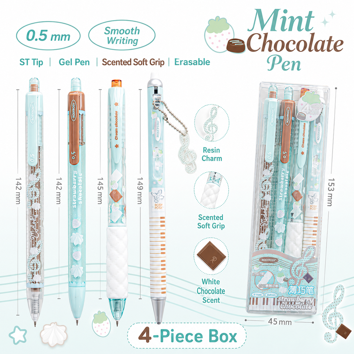 ROSYPOSY Strawberry Chocolate Melody Gel Pen Set by ROSYPOSY - detail view for journaling writing tool | Lumiyear