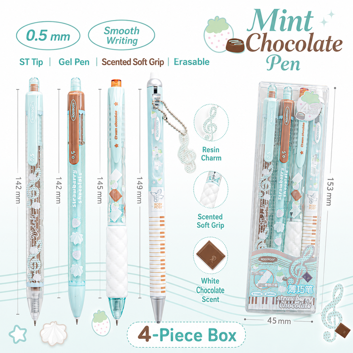 ROSYPOSY Strawberry Chocolate Melody Gel Pen Set | Scented Erasable Creative Writing Kit