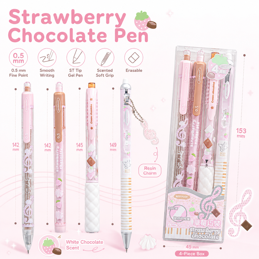 ROSYPOSY Strawberry Chocolate Melody Gel Pen Set by ROSYPOSY - inside detail for journaling writing tool | Lumiyear