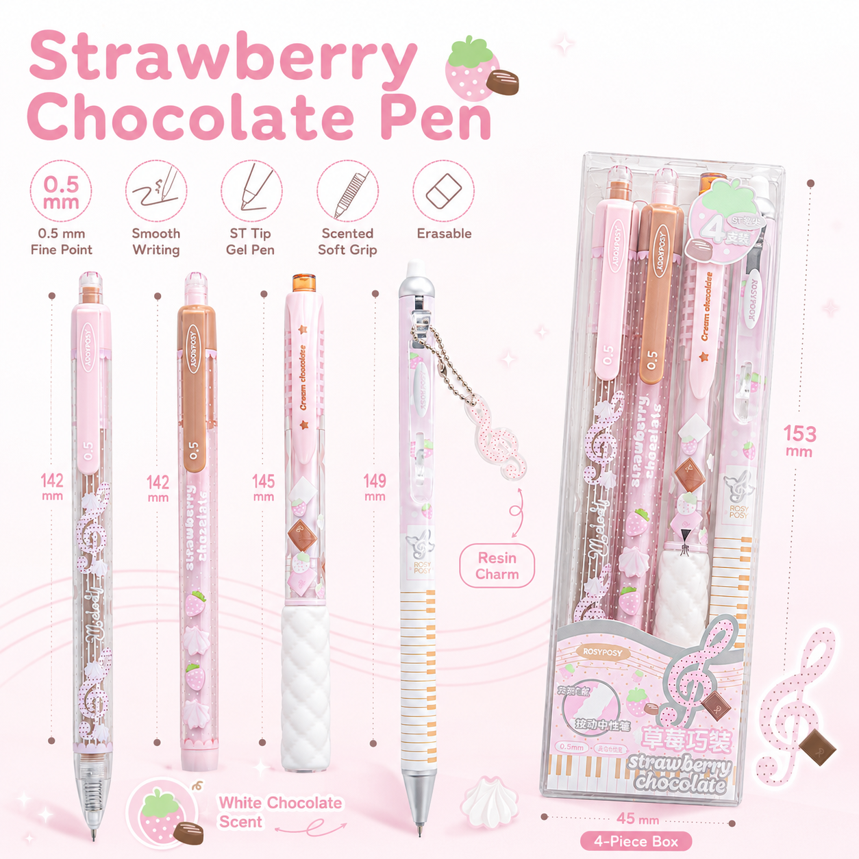 ROSYPOSY Strawberry Chocolate Melody Gel Pen Set | Scented Erasable Creative Writing Kit