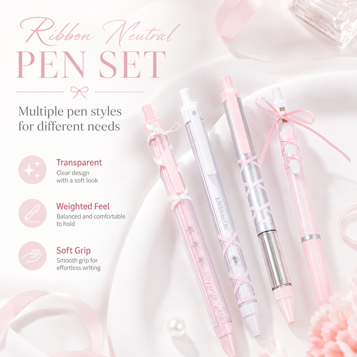ROSYPOSY DIY Bow Ribbon Gel Pen Set | Aesthetic Pearlescent 4-Piece Writing Kit
