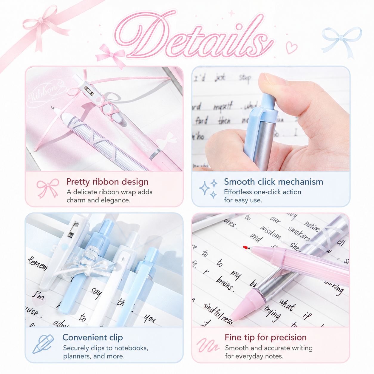 ROSYPOSY DIY Bow Ribbon Gel Pen Set | Aesthetic Pearlescent 4-Piece Writing Kit