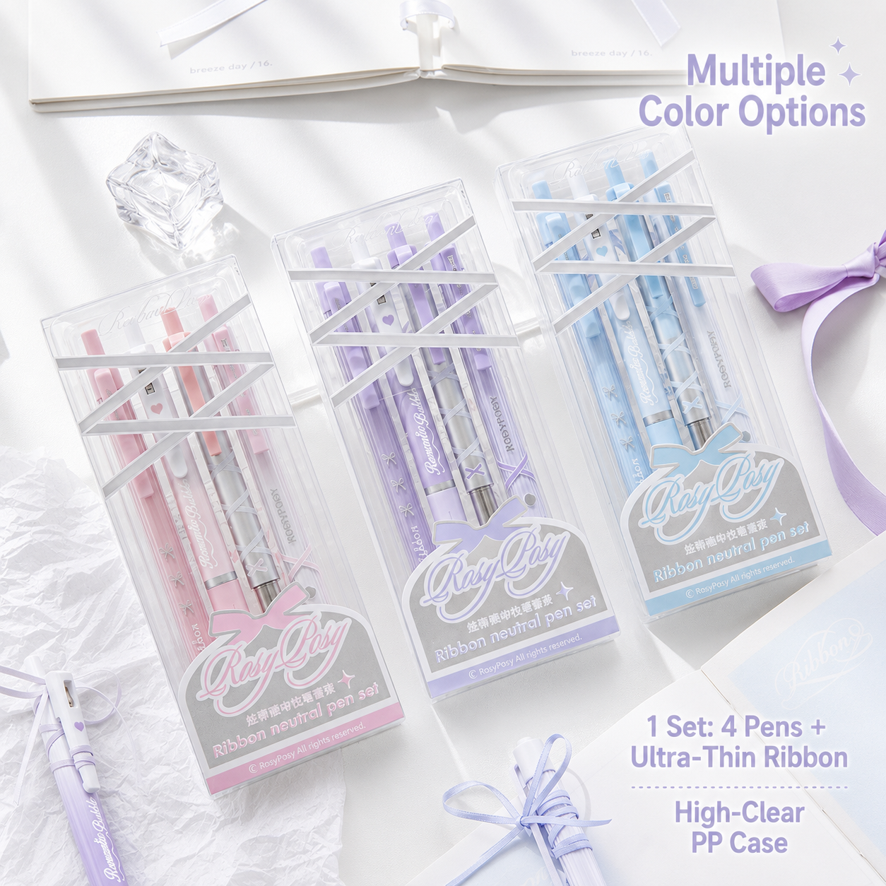 ROSYPOSY DIY Bow Ribbon Gel Pen Set | Aesthetic Pearlescent 4-Piece Writing Kit