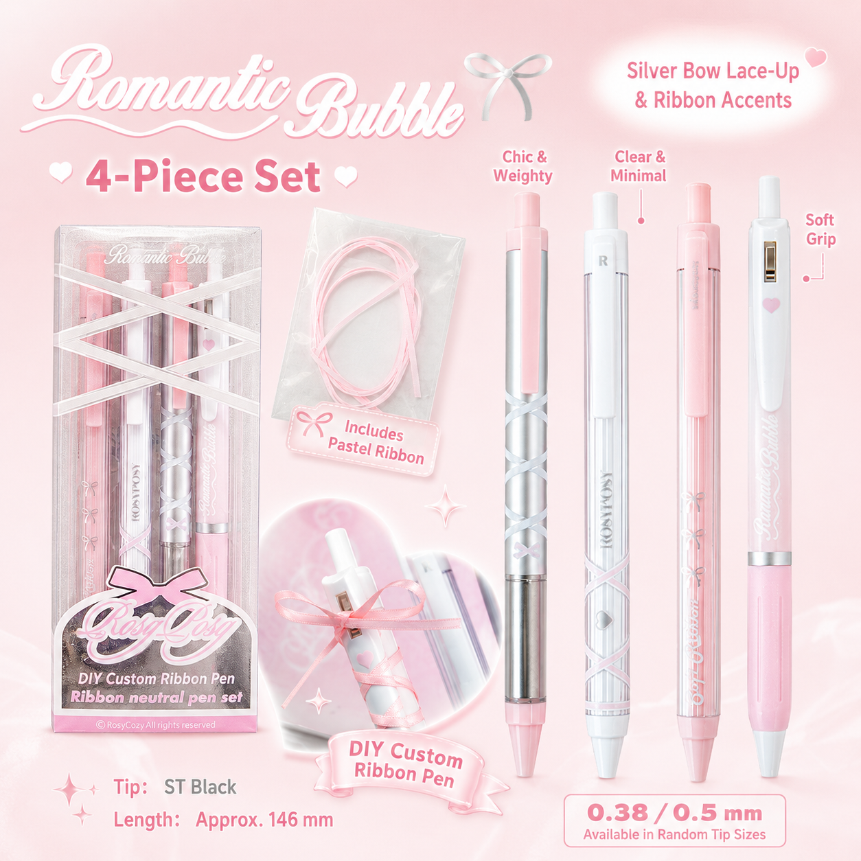 ROSYPOSY DIY Bow Ribbon Gel Pen Set | Aesthetic Pearlescent 4-Piece Writing Kit