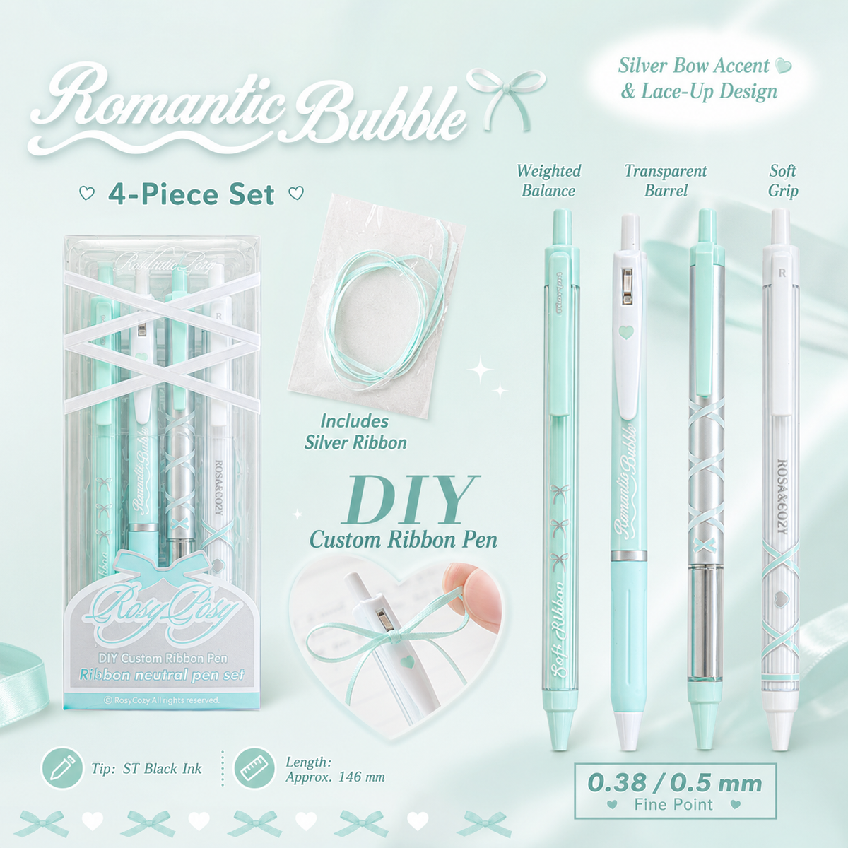 ROSYPOSY DIY Bow Ribbon Gel Pen Set by ROSYPOSY - packaging view for journaling writing tool | Lumiyear