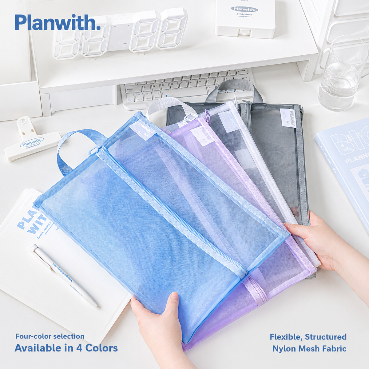 Planwith A4 Double Pocket Mesh File Bag by Planwith - packaging view for stationery organizer | Lumiyear
