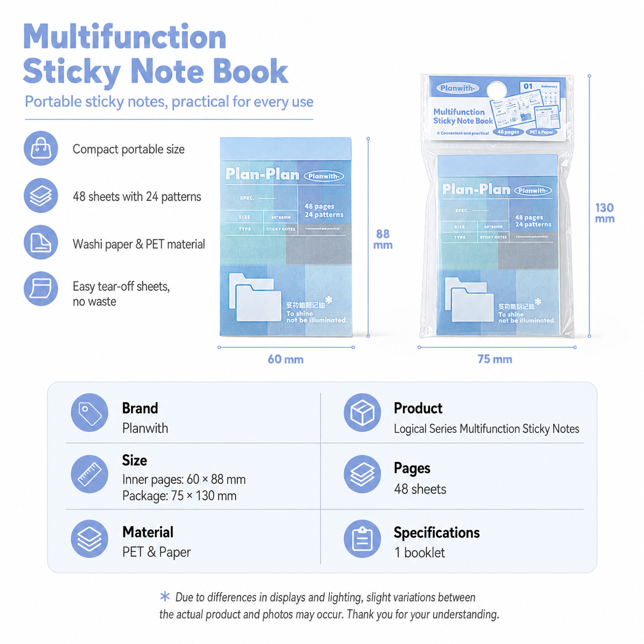 Planwith Multi-Functional Mark Sticky Note Book | Translucent PET & Washi Planner Stickers