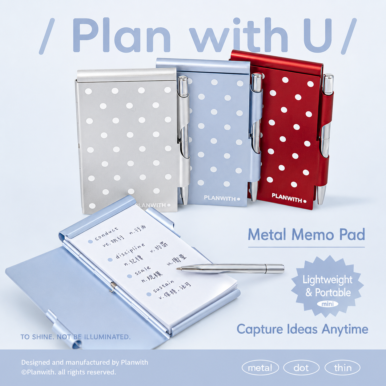 Planwith Pocket Metal Memo Pad Set with Twist Pen | Aluminum Alloy Pocket Journal