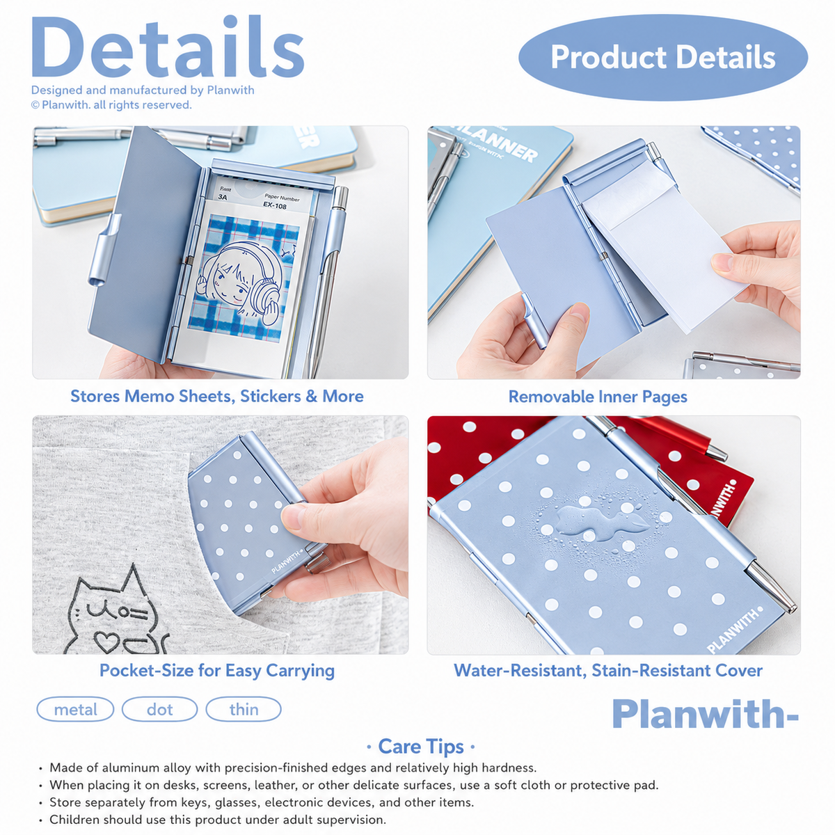 Planwith Pocket Metal Memo Pad Set with Twist Pen by Planwith - color option view for journaling writing tool | Lumiyear