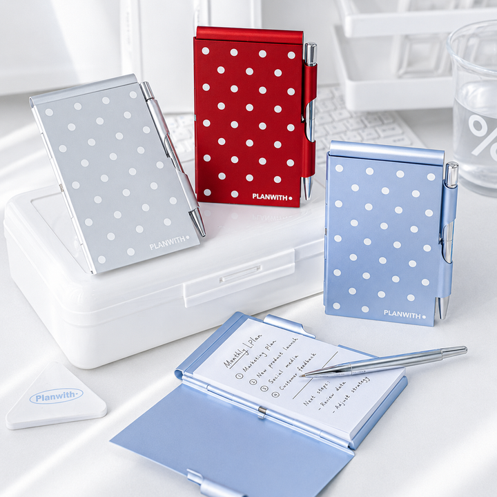 Planwith Pocket Metal Memo Pad Set with Twist Pen by Planwith - main product view for journaling writing tool | Lumiyear