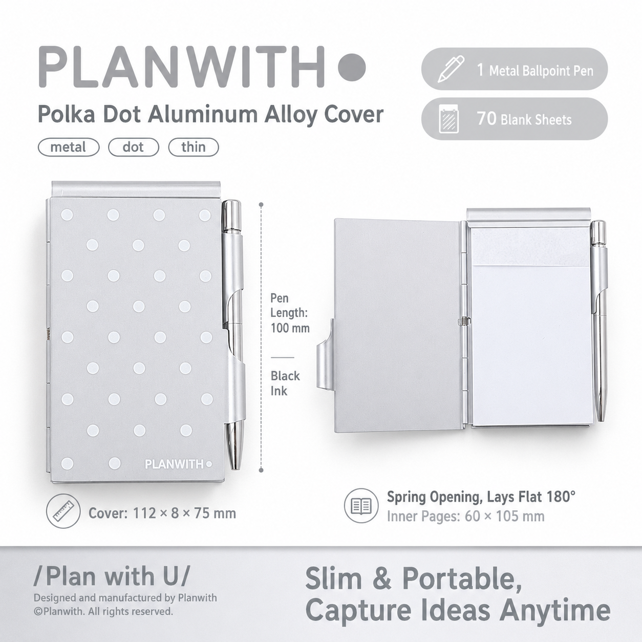 Planwith Pocket Metal Memo Pad Set with Twist Pen | Aluminum Alloy Pocket Journal