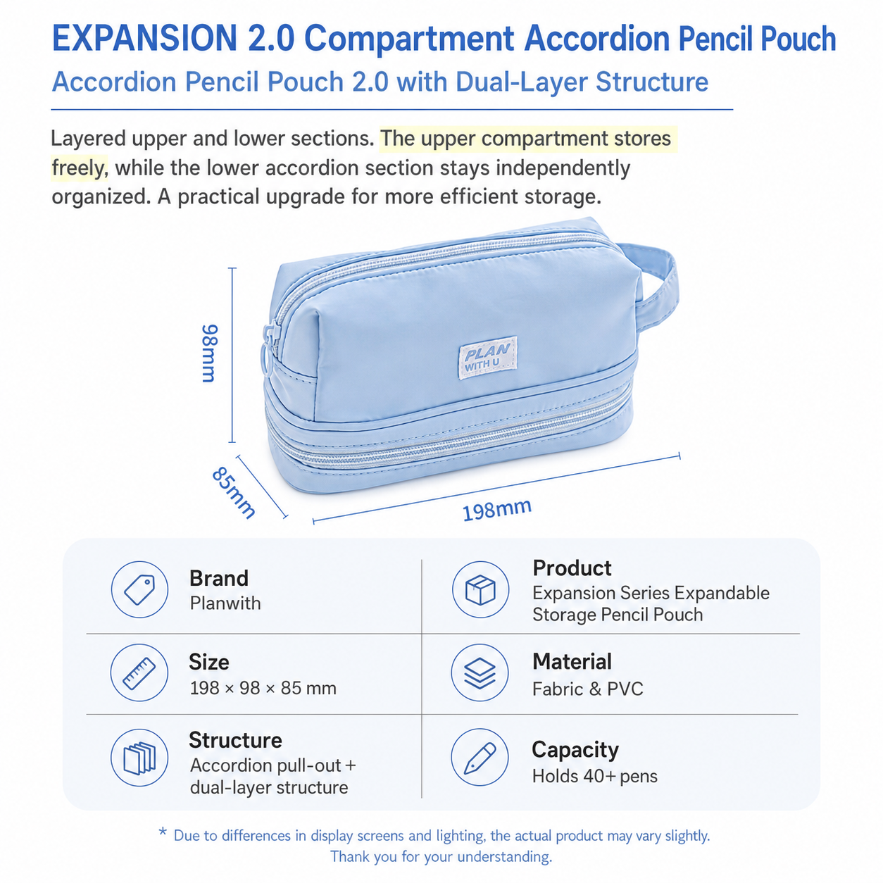 Planwith Expansion 2.0 Accordion Pull-Out Pencil Pouch | Large Capacity Dual-Layer Pen Case